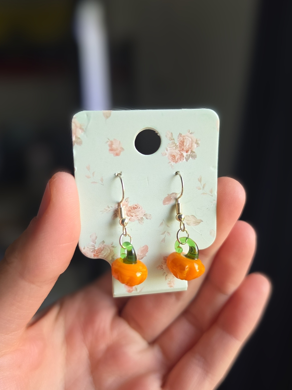 Orange Glass Pumpkin Drop Earrings with Green Stem